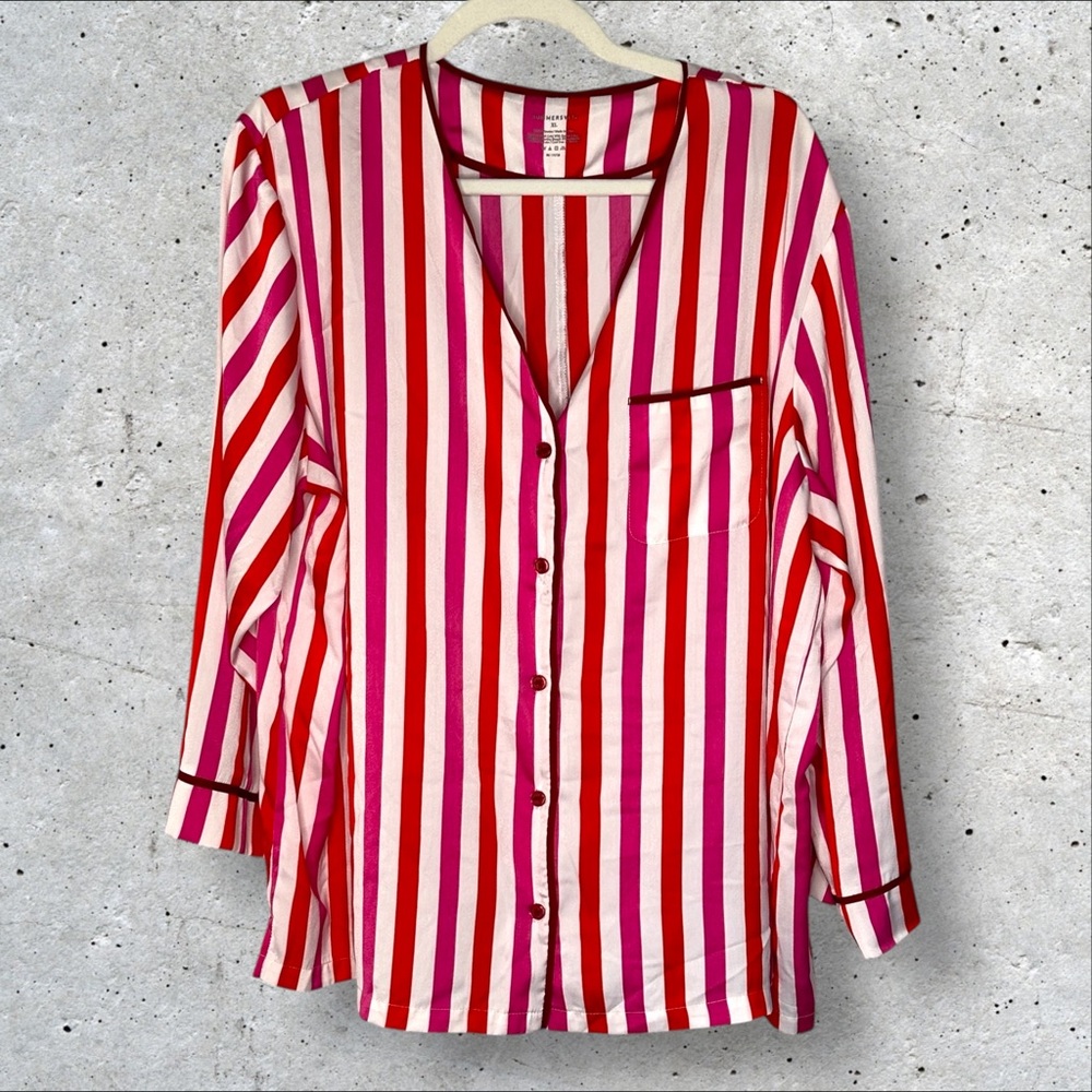 Summersalt Red and Pink Striped Satin Pajama Shirt Size XL Lightweight